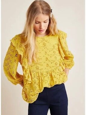 Anthropologie Clementine Blouse Eyelet Ruffle Yellow Puffed Sleeve Top Size 8.
